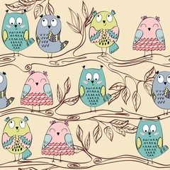 Owls sitting on a tree branch. Seamless pattern