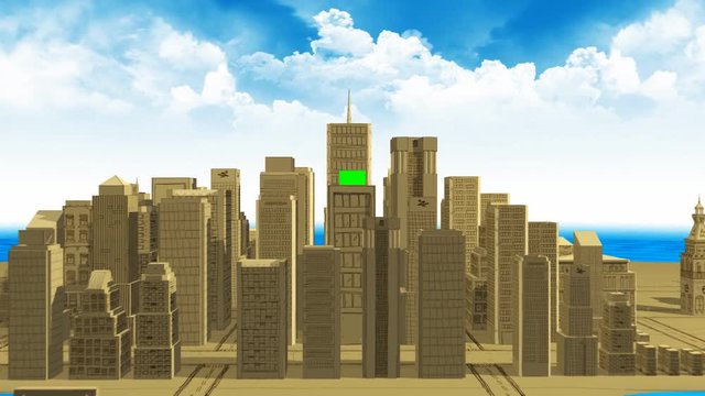 Zoom into billboard. 3d city animation with alpha