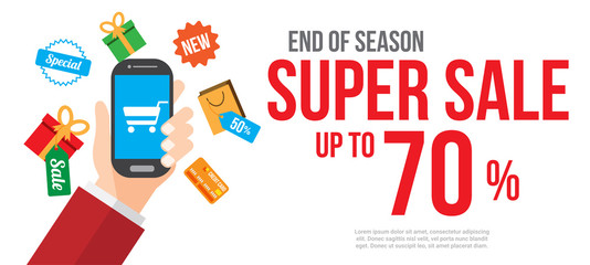 sale. online shopping with smartphone. poster , banner , background or template. vector illustration.