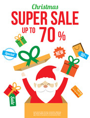 christmas sale with cute santa claus. shopping poster , banner , background or template. vector illustration.