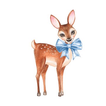 Baby Deer. Hand drawn cute fawn with a blue bow. Cartoon illustration, isolated on white. Watercolor painting 