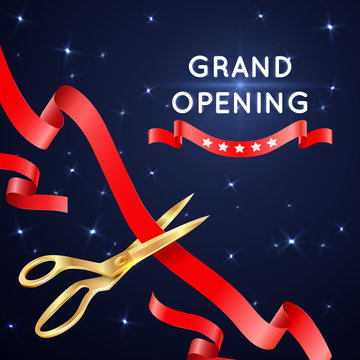 Ribbon cutting with scissors grand opening vector poster.
