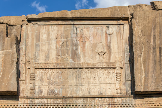 Faravahar, symbol of Zoroastrianism in ruined Persepolis city