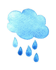 Hand painted watercolor cloud and rain drops isolated on white
