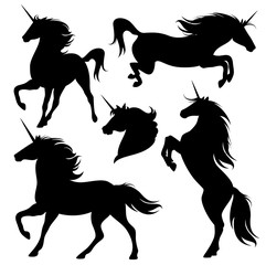 unicorn horses black vector silhouette set - obrazy, fototapety, plakaty