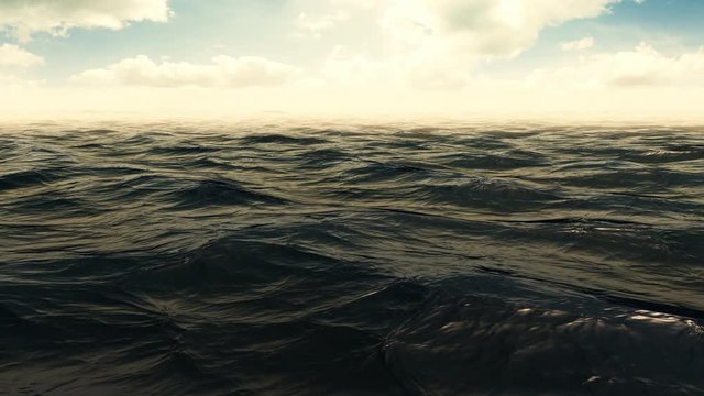Green Foggy Wavy Ocean Scene With Clouds