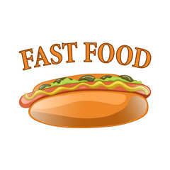 Hot Dog Cartoon Illustration. Classic american fast food - sausage with mustard in a bun. Hotdog sandwich. Vector isolated icon of hot-dog for poster, menus, brochure, web and mobile application.