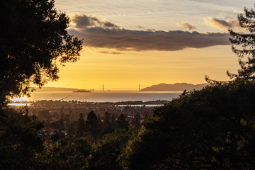 Panorama Golden Glow Sunset of San Francisco Bay looking over East Bay Berkeley