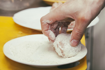 Cooking, boned cutlet in flour