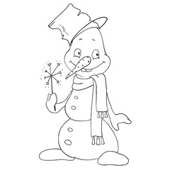 Cute cartoon figure snowman with a sparkler. Vector snowman with a bucket