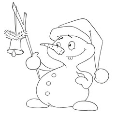 Cute snowman with bell character. Christmas snowman coloring book.