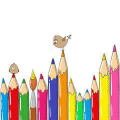 Back to school. Pencils and a bird on a white background. School background with space for text.