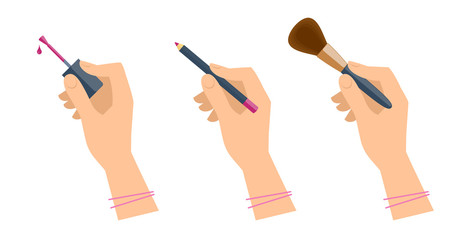 Women's hands with cosmetic accessories: lip pen, eyeshadow brush, nail polish. Flat illustration of female hands with cosmetical tools. Vector isolated on white background design elements.