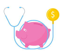 The stethoscope with coin and piggy bank. Financial concept flat vector illustration of phonendoscope, piggy-bank, dollar currency. Vector flat design element for web, infographics, social networks.
