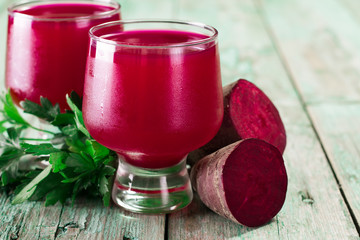 Beetroot juice in a large glass, fresh beets , Healthy food