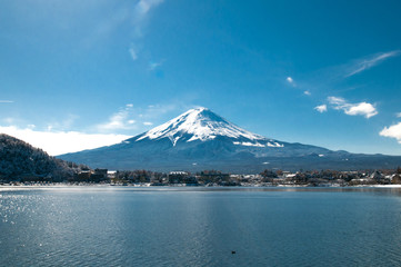 Mt Fuji in the early morning with reflection on the lake kawaguc