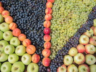 Background of fresh colourful fruits. Frame composition of fruits on market stall. Colourful fruits pattern close up. Green and red apples, orange peaches.