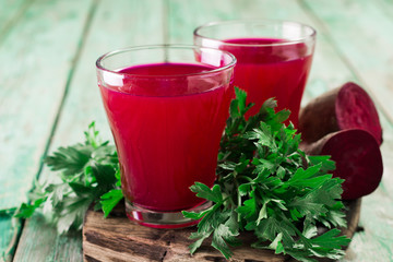 Beetroot juice in a large glass, fresh beets , Healthy food