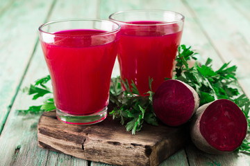Beetroot juice in a large glass, fresh beets , Healthy food