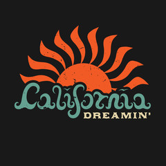 CALIFORNIA DREAMING. Hand lettered California in the form of waves. Design fashion apparel textured print. T shirt graphic vintage grunge vector illustration badge label logo template.