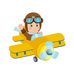 Cute Boy Pilot Flies On A Airplane Cartoon Vector. Retro Boy Pilot Isolated In White Background. Boy Pilot Costume. Baby Boy Pilot Hat.