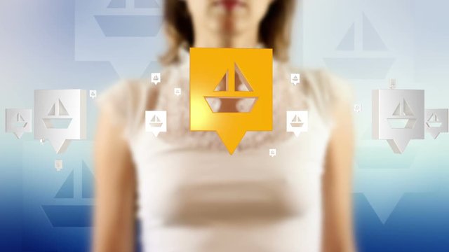 Young female pressing the screen then sailboat symbol appearing