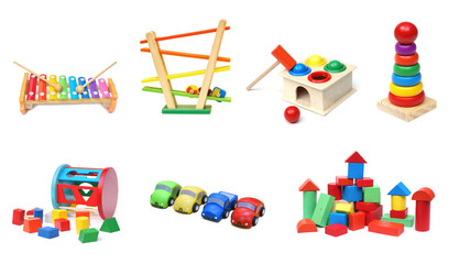 A collection of colorful wooden toys for kids