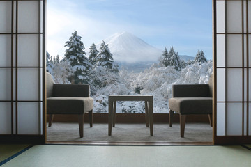 Beautiful Mt.Fuji view at window resort near Kawaguchiko lake at