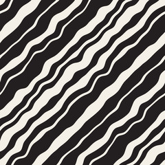 Vector Seamless Black and White Hand Drawn Diagonal Wavy Lines Pattern