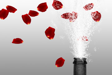 flying roses petals over fizzing spout