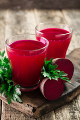 Beetroot juice in a large glass, fresh beets , Healthy food