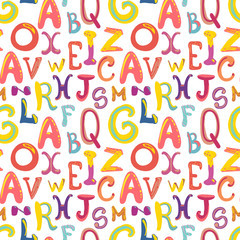 Many hand-drawn cute funky letters on white, seamless pattern