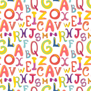 Many Hand-drawn Cute Funky Letters On White, Seamless Pattern