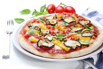 Grilled vegetable pizza: tomato, mozzarella, eggplant, peppers, zucchini and capers 