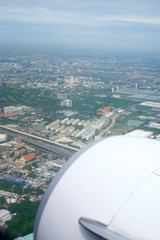 Aircraft window onto jet engine