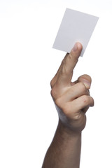 Male hand showing white blank sheet of copy space