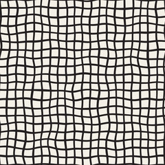 Wavy Hand Drawn Lines Square Grid. Vector Seamless Black and White Pattern.