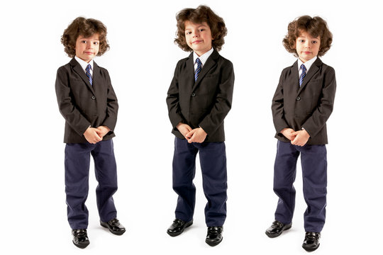 Collage. Curly stylish boy standing and looking at the camera in a business suit. Hands holding in their pockets. White background.