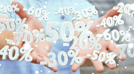 Businessman holding sales icons in his hand 3D rendering