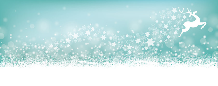 Cyan Christmas Card Header Snowflakes Reindeer Stardust