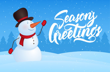 Vector illustration: Winter Christms card with snowman and hand lettering of Season's Greetings. 