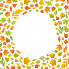 Frame made of autumn leaves in circle shape on white