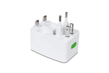 Universal travel adapter plug isolated on white with clipping path. - 128588521
