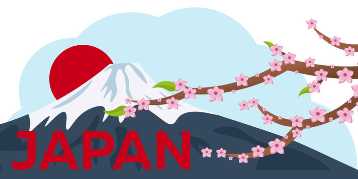 Poster Travel to Japan. Mountain. Sakura japan cherry branch with blooming flowers vector illustration. Banner. Vector illustration.