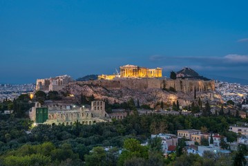 Fototapeta na wymiar The Acropolis at Athens at dusk with lights