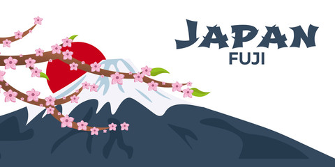 Poster Travel to Japan. Mountain. Sakura japan cherry branch with blooming flowers vector illustration. Banner. Vector illustration.