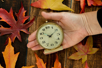 Old alarm clock between autumn leaves