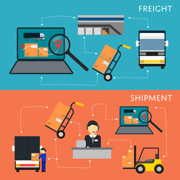 Logistics and freight shipment flowchart set vector illustration. Services operator coordinating cargo transportation. Warehouse logistics manager, freight commercial truck, laptop with delivery map