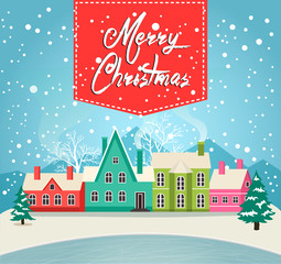 Fototapeta premium Marry Christmas greeting card vector illustration. Houses in snowfall, rural winter landscape at holiday eve. Xmas poster with christmas houses, snow covered little village, funny holiday background