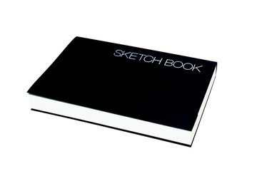 Sketch book with black cover on white background.